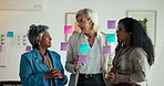 Sticky notes, meeting and business women by glass for planning, brainstorming and project ideas. Corporate, teamwork and workers in discussion, strategy and talking for logistics, schedule and tasks 
