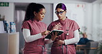 Teamwork, nurse and tablet with women in hospital for healthcare, planning and physician review. Medical report, telehealth collaboration and digital files with people in clinic for surgery schedule