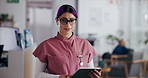 Face, nurse and woman in hospital, tablet and career ambition with medical service. Portrait, person and professional in clinic, tech and research with internship, uniform and connection with pride