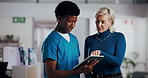 Hospital, tablet and man with woman in meeting for planning, medical discussion and advice. Healthcare, clinic and nurse with doctor talking with digital tech for diagnosis, feedback or consulting