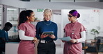 Doctor, tablet and women in clinic, discussion and schedule with medical service, app and feedback. Online reading, nurses and professional in hospital, tech and coaching with conversation and advice