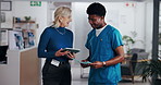 Hospital, tablet and nurse with woman in meeting for planning, medical discussion and advice. Healthcare, clinic and man with doctor talking with digital tech for diagnosis, feedback or consulting