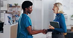 Business, woman and nurse with handshake in clinic for welcome, medical internship and recruitment. Hospital director, people and shaking hands with hello for healthcare contract or friendly greeting