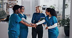 Women, hands stack and surgeon team at hospital, goals and motivation for healthcare services in lobby. People, happy and nurse in group huddle for celebration, collaboration and success at clinic