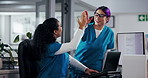 Women, nurses and high five with laptop at hospital with collaboration, goals and achievement. People, medical professional and team with motivation, cheers or celebration with computer at clinic