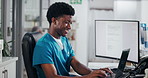 Happy man,  nurse or receptionist typing with laptop for online booking or medical appointment. Male person, secretary or health assistant with computer at front desk for planning visit or schedule