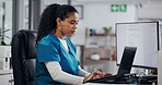 Nurse, woman or typing on laptop at reception to schedule appointment, health report or test results. Medicine, professional and computer screen for hospital administration or review medical database