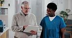 Walk, medical team and planning with document in hospital for training intern with checklist. Men, nurse and healthcare staff with discussion, mentorship or learning with happy manager with clipboard