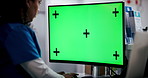 Woman, nurse or typing with green screen or mockup space for advertising, marketing or telehealth. Female person, medical worker or employee with monitor, technology display or chromakey in clinic