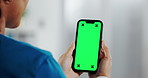Person, hands and nurse with phone or green screen for telehealth app, advertising or marketing. Back view, user or medical worker with mobile smartphone display for healthcare UI or mockup space