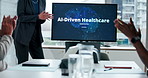 Hands, medical presentation and team with applause with AI innovation, doctors or goal with research project. Person, screen and clapping for success, automated healthcare or celebration at hospital
