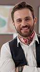 Face, man and confident director in art gallery as exhibition coordinator, worker and employee. Portrait, creative and artwork curator in museum for business, happy professional and arms crossed