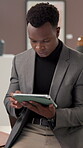 Art, information and tablet with black man in museum for management of collection or exhibition. App, planning and schedule with curator or director in gallery for auction, feedback or research