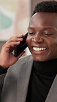 Phone call, happy and black man in art gallery with contact for negotiation on sale of painting. Cellphone, communication and African curator with mobile discussion for planning creative exhibition.