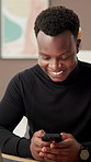 Man, phone and art curator at gallery with smile for notification, deal or sale with online auction. African person, smartphone and click app for contact, social media marketing or culture exhibition