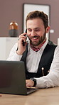 Laptop, phone call and smile with man in museum for management or negotiation or exhibition. Computer, conversation and mobile with curator or director in gallery for communication and information