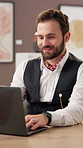 Curator, man and laptop in art gallery for exhibition planning, design showcase and management. Creative collection, employee and digital tech for catalog preservation, online auction or web blog
