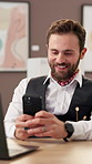 Phone, reading and business man in art gallery for online auction, exhibition and negotiation bid. Viewing schedule, catalog update and client contact with curator for museum, showroom and sales