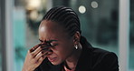 Headache, stress and black woman in office at night with burnout, fatigue or overworked. Migraine, exhaustion and African female financial manager with mistake for investment proposal deadline.