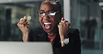 Fist pump, happy and black woman in office at night with good news, bonus or winning prize. Applause, excited and African financial advisor with celebration for email on job promotion in workplace.