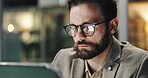 Business, man and tablet in office at night for accounting, finance plan and budget report. Male person, reading and digital for financial email, audit feedback and information on investment deadline