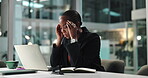 Headache, burnout and black woman in office at night with stress, fatigue or overworked. Migraine, exhaustion and African female financial manager with mistake for investment proposal deadline.
