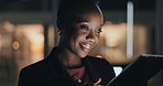 Tablet, smile or black woman trading on stock market, fintech app or cryptocurrency in late shift. Reading, happy financial trader or technology in night for dashboard, investment growth or finance