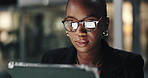 Tablet, research and black woman in office at night with email for company budget plan. Digital technology, glasses and African financial consultant with online investment proposal with deadline.