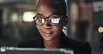 Tablet, glasses and black woman in office at night with research for company budget plan. Digital technology, business and African financial consultant with online investment proposal with deadline.