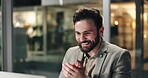Celebration, applause and man in office, night or excited for positive feedback on email or website. Working late, employee and person with computer for deadline, clapping and success for accountant