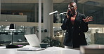 Business, phone call and black woman in office, night and laptop with financial agency. African person, evening and employee in workplace, cellphone or schedule for trading, feedback or budget review