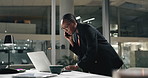 Business, phone call and black woman in workplace, night or laptop with financial agency. African person, evening or employee with smartphone, app or schedule for trading, internet or budget proposal