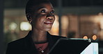 Tablet, thinking or black woman trading on stock market, fintech app or cryptocurrency in night. Business, proud or financial trader brainstorming in overtime for idea, investment growth or solution