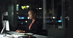 Computer, night or black woman typing for trading on stock market or cryptocurrency in late shift. Business, financial trader or analyst in overtime for economic price, investment growth or finance