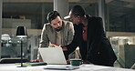 Business, people and explain with laptop at night for planning, finance report and accounting ideas. Staff, team and feedback with pc for financial audit, budget proposal and information for deadline