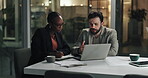 Business, people and laptop in office at night for planning, finance report and accounting research. Staff, team and feedback with pc for financial audit, budget proposal and information for deadline
