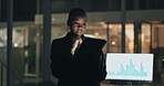 Black woman, thinking or tablet for reading graphs on stock market, charts app or crypto in late shift. Finance screen, financial trader or technology in night for dashboard, investment or solution
