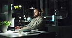 Business, man and computer in office at night for accounting, finance planning and budget report. Male person, typing and pc for financial email, audit feedback and information of investment deadline