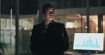 Tablet, thinking or black woman trading on stock market, fintech app or crypto graphs in late shift. Charts screen, financial trader or technology in night for dashboard, investment growth or finance