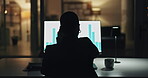 Business woman, computer screen and phone call with graphs for KPI review, negotiation or feedback. Silhouette, financial analyst and talking to investor for budget forecasting, market trends or back