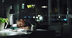 Business, sleeping and black woman in office, night and tired with fatigue, dreaming and calm. Evening, person and employee with pc, workaholic and exhausted with break, burnout and overtime with nap
