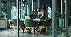 Business people, meeting room and tablet with laptop for proposal, ideas or planning in office. Businessman, woman or employees with technology for schedule tasks, agenda or assistance in workplace