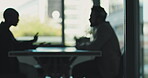 Office, lawyer and discussion with client, people or explaining legal procedure, plan or silhouette. Consultation, attorney and talking with man in law firm, justice and meeting for case or trial