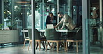 Laptop, discussion and business men in office with collaboration for finance budget planning. Teamwork, meeting and financial advisors with computer for preparing investment proposal in workplace.