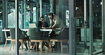 Laptop, meeting and business men in office with collaboration for finance budget planning. Teamwork, discussion and financial advisors with computer for preparing investment proposal in workplace.