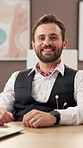 Man, face and art gallery curator with smile, confidence and laptop with planning for exhibition. Person, portrait and happy with pride for creative career, museum or event for culture in Portugal
