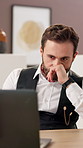 Curator, man and laptop in art gallery for exhibition, thinking and design planning stress. Creative collection, employee and digital tech for catalog preservation, online auction fail or web blog