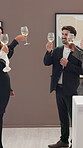 Happy people, buyers and cheers with champagne in art gallery for exhibition or auction in museum. Event, investors and raising glass with toast for sale expo, deal or investment of stock or piece