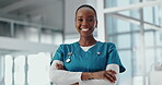 Face, black woman and nurse with arms crossed at hospital for about us, career pride and medical expert. Smile, female person and ambition with values, healthcare service and assistance for wellness