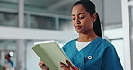 Woman, nurse and tablet in hospital for healthcare schedule, information or review medical history. Technology, person and worker in clinic to scroll email, update report and research on internet